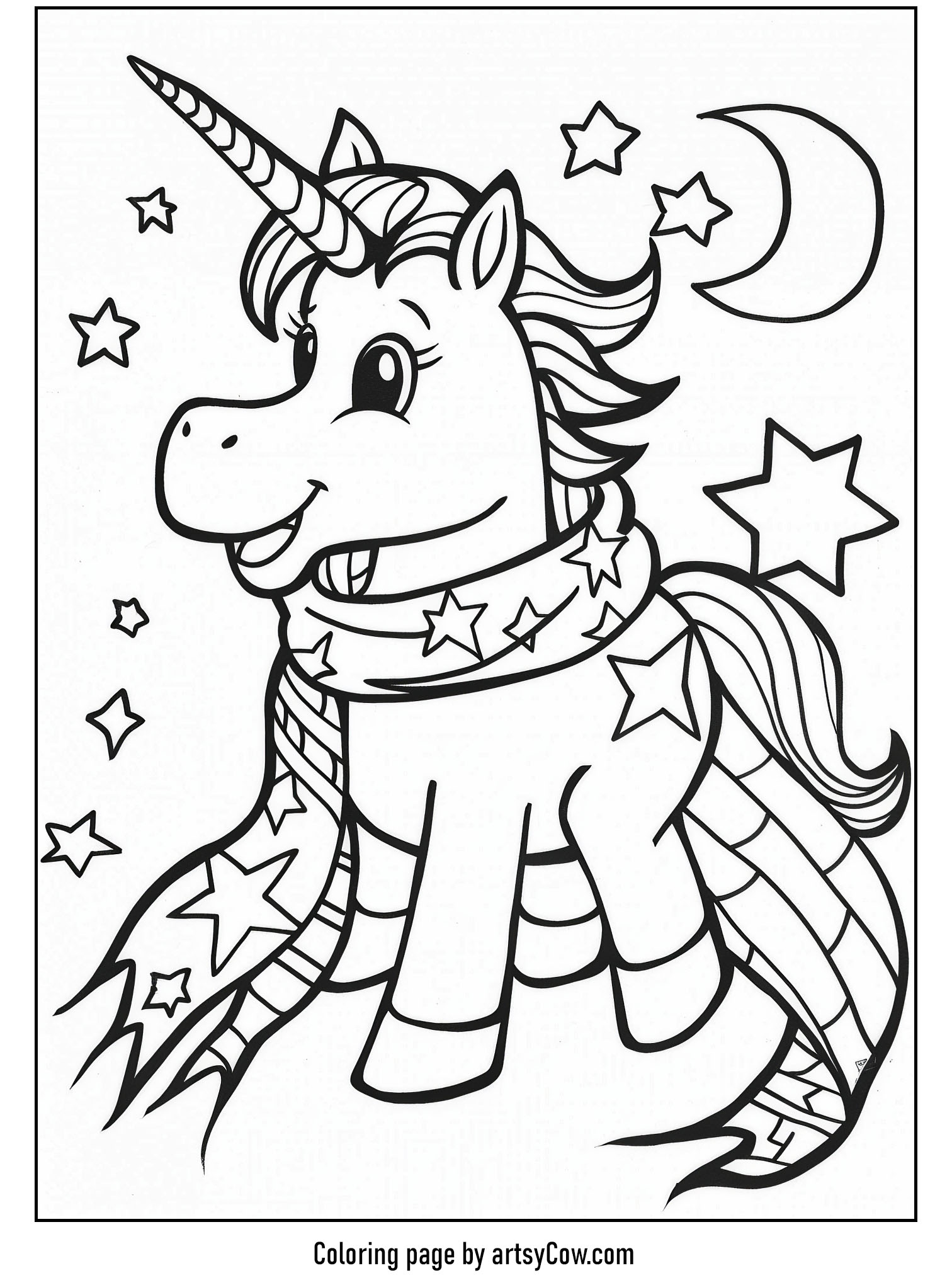 a cheerful unicorn wearing a starry scarf under the night sky